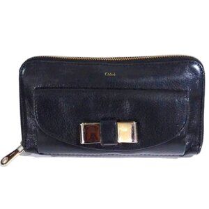 Chloé Black Leather Zip Wallet with Gold Accent Bow